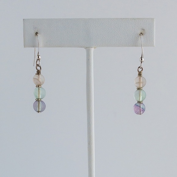 Multicolor Rainbow Fluorite Earrings Drop Dangle Silver Tone Round Natural Stone - Picture 6 of 8